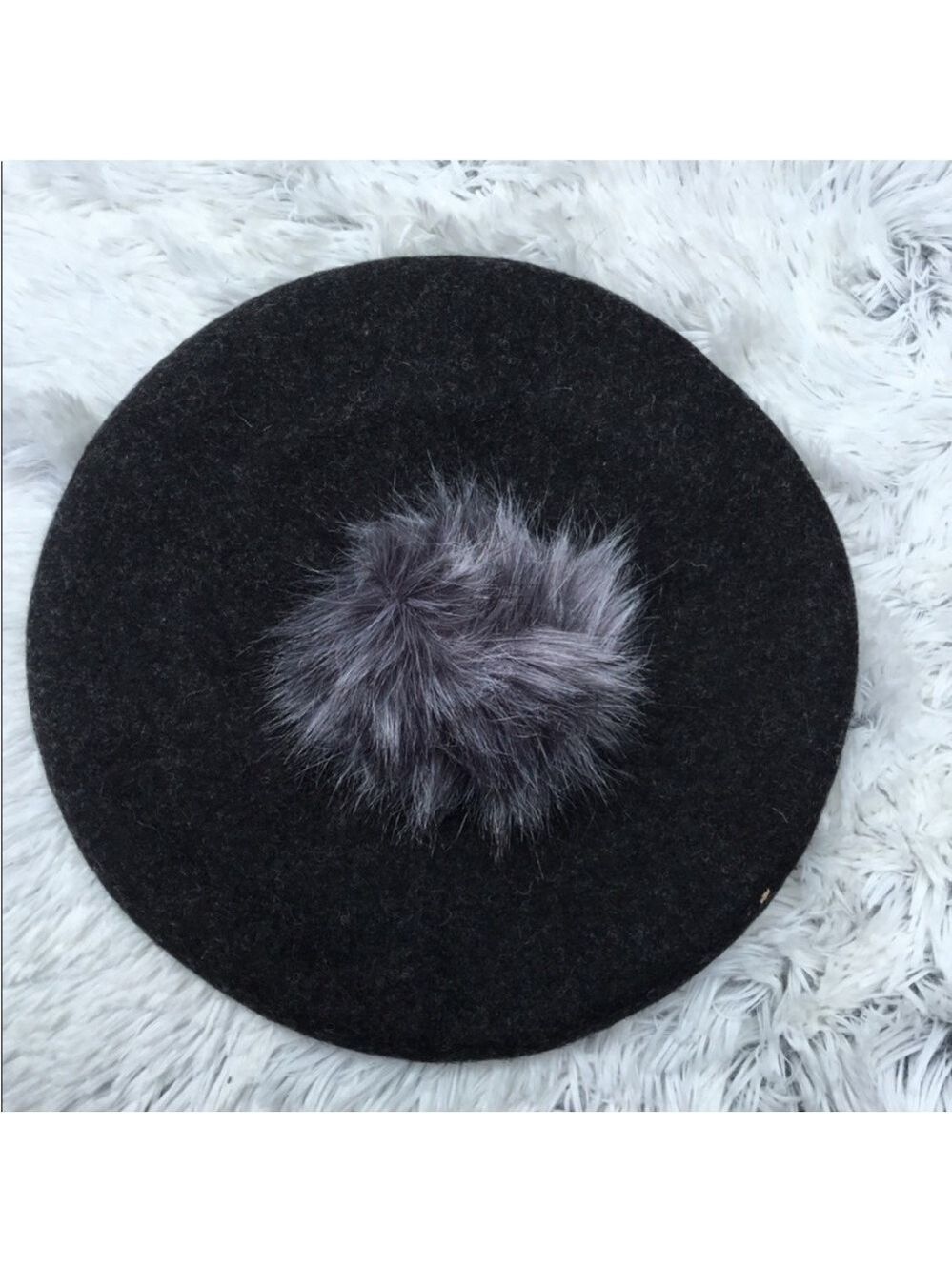 Women's Charcoal Beret Hat with Gray Faux Fur Pom Pom One Size
